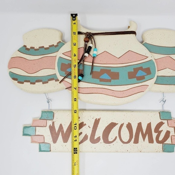Welcome Sign Southwestern Wall Hanging Native Art Pottery Design Leather Strap - Picture 11 of 12